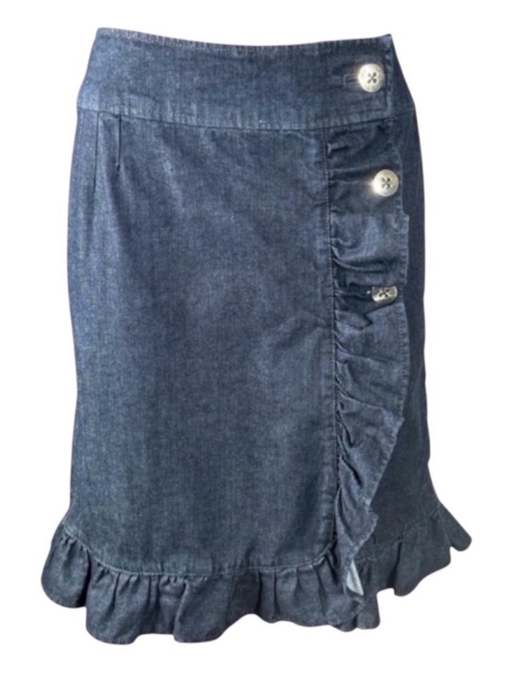 LEIFSDOTTIR BY ANTHROPOLOGIE Denim
Ruffle Skirt, Button Front, Size 6.
